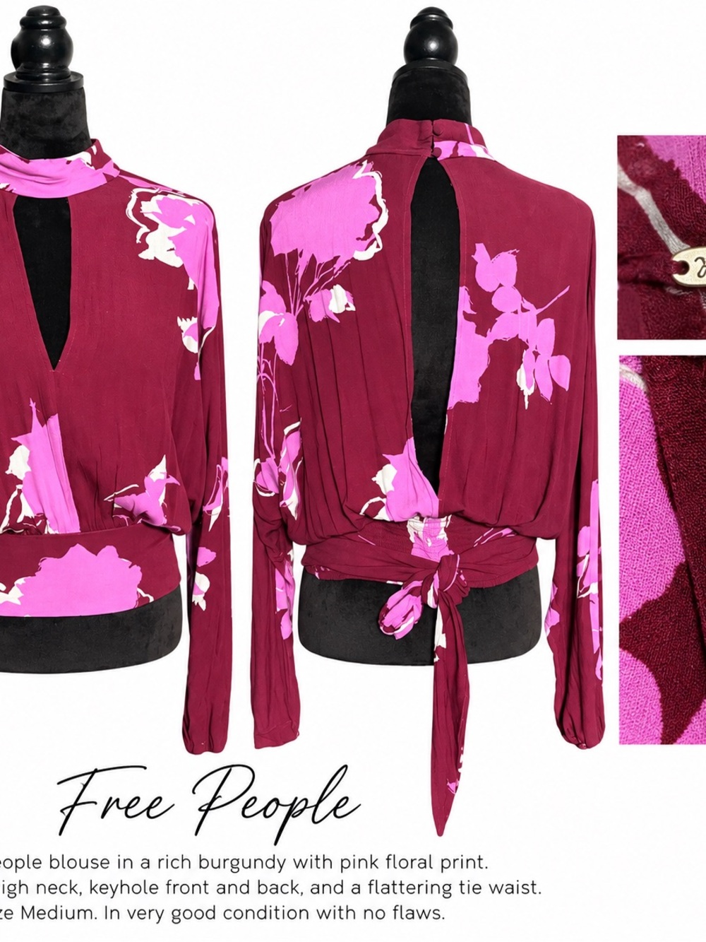 Free People Burgundy and Pink Floral Long-Sleeve Tie-Back Blouse